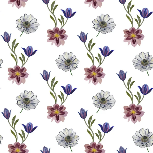 Seamless watercolor flowers pattern. Hand painted flowers on a white background. Hand painted flowers of different colors. Flowers for design. Ornament flowers. Seamless botanical watercolor exotic floral pattern.