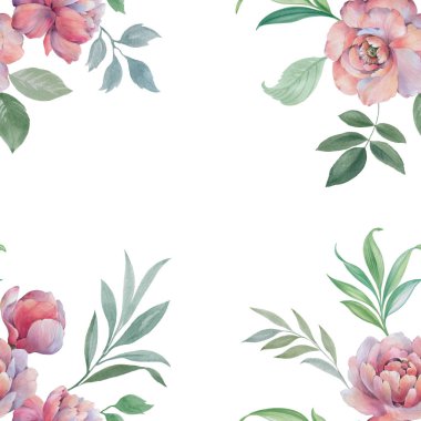 Dikişsiz suluboya çiçek deseni. Beyaz arka planda el boyaması çiçekler. Tasarım için çiçekler ve yapraklar. Dikişsiz çiçek deseni. Tasarım için çiçek aranjmanı.