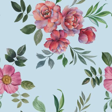 Dikişsiz suluboya çiçek deseni. El boyaması şakayık çiçekler. Tasarım için çiçekler ve yapraklar. Dikişsiz çiçek deseni. Tasarım için çiçek aranjmanı.