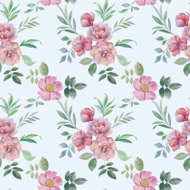 Dikişsiz suluboya çiçek deseni. El boyaması şakayık çiçekler. Tasarım için çiçekler ve yapraklar. Dikişsiz çiçek deseni. Tasarım için çiçek aranjmanı.