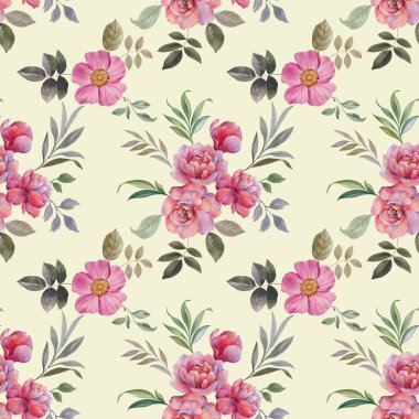 Suluboya el boya pembe şakayık ve yaprakları, dikişsiz desen. Tasarım için çiçekler ve yapraklar. Dikişsiz çiçek deseni.