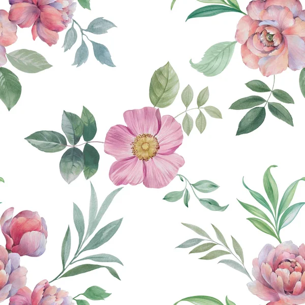 Seamless watercolor flowers pattern. Hand painted flowers on white background. Flowers and leaves for design. Seamless floral pattern. Flower arrangement for design.
