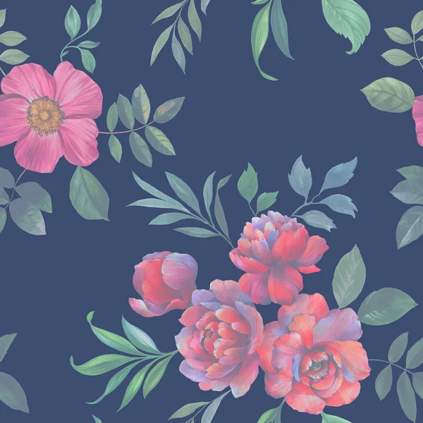 Sömlös Akvarell Blommor Mönster Handmålade Pion Blommor Blommor Och Löv — Stockfoto