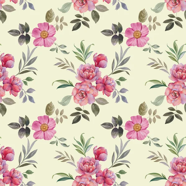 Akvarell Handfärg Rosa Pioner Och Löv Sömlösa Mönster Blommor Och — Stockfoto