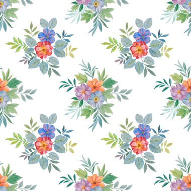 Kusursuz suluboya deseni. Tasarım, ambalaj ve baskı için sanat suluboya. Beyaz arka planda parlak çiçek buketleri.