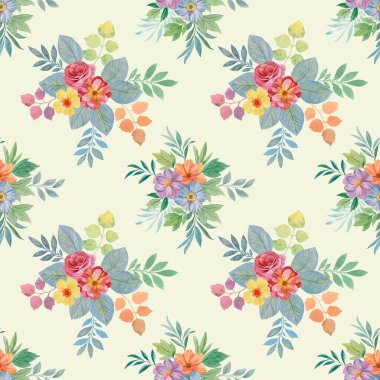 Kusursuz suluboya deseni. Tasarım, ambalaj ve baskı için sanat suluboya. Açık yeşil arka planda parlak çiçek buketleri.