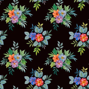 Kusursuz suluboya deseni. Tasarım, ambalaj ve baskı için sanat suluboya. Koyu arkaplanda parlak çiçek buketleri.