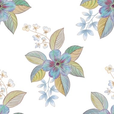 Beyaz bir arka planda kusursuz çiçek deseni. Tasarım, ambalaj ve baskı için sanat suluboya. Baskı ve duvar kağıdı için soyut suluboya çizimi.