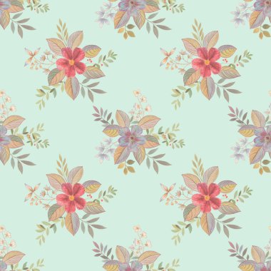 Yumuşak yeşil bir arka planda kusursuz çiçek deseni. Tasarım, ambalaj ve baskı için sanat suluboya. Soyut suluboya çizimi.