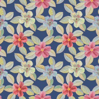 Mavi arka planda kusursuz çiçek deseni var. Tasarım, ambalaj ve baskı için sanat suluboya. Parlak çiçek ve yaprakların arka planı. Soyut suluboya çizimi.