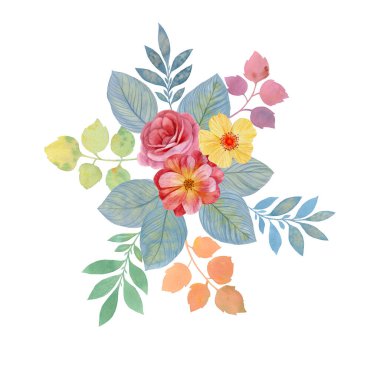 Çiçek aranjmanı beyaz arkaplanda izole edildi. Kartpostallar, davetiyeler ve parmak izleri için uygun. Suluboya ile boyanmış bir buket. Narin çiçekler..