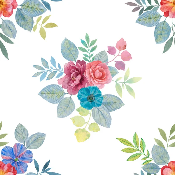 Botanisk Sömlös Mönster Vit Bakgrund Akvarell Ritning Blommor Färgglada Buketter — Stockfoto