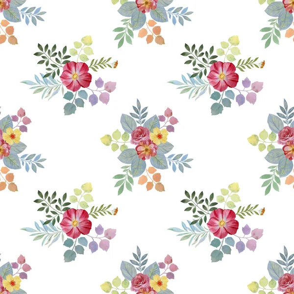 Hand Painted Bright Flowers Seamless Botanical Pattern White Background Printing — Stock Photo, Image