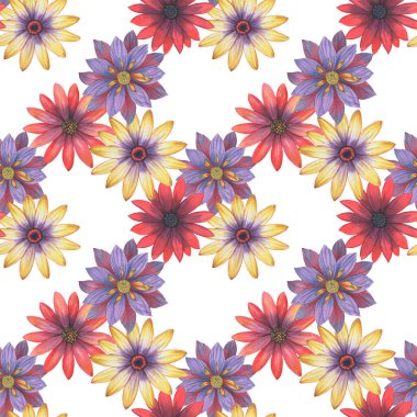 Kusursuz botanik desen. Sarı, kırmızı ve mavi renkli parlak çiçekler, beyaz arka planda suluboya ile boyanmış. Tasarım, tekstil, ambalaj ve duvar kağıdı için.