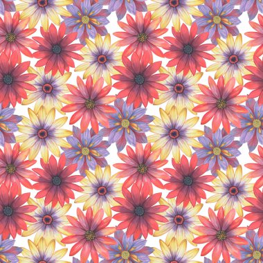 Kusursuz botanik desen. Beyaz arka planda suluboya çiçekler. Tasarım, tekstil, ambalaj ve duvar kağıdı için.