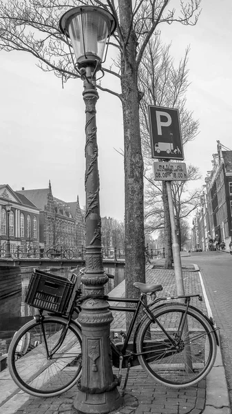 bike parked on pole in street of Amsterdam on black and white photo