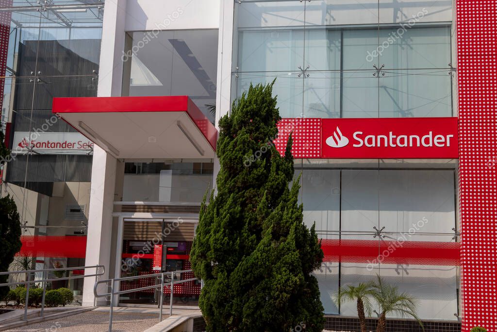 Sao Paulo, Brazil - september 19 2020 - Logo and facade  of Santander, a Spanish multinational commercial bank and financial services company founded in 185