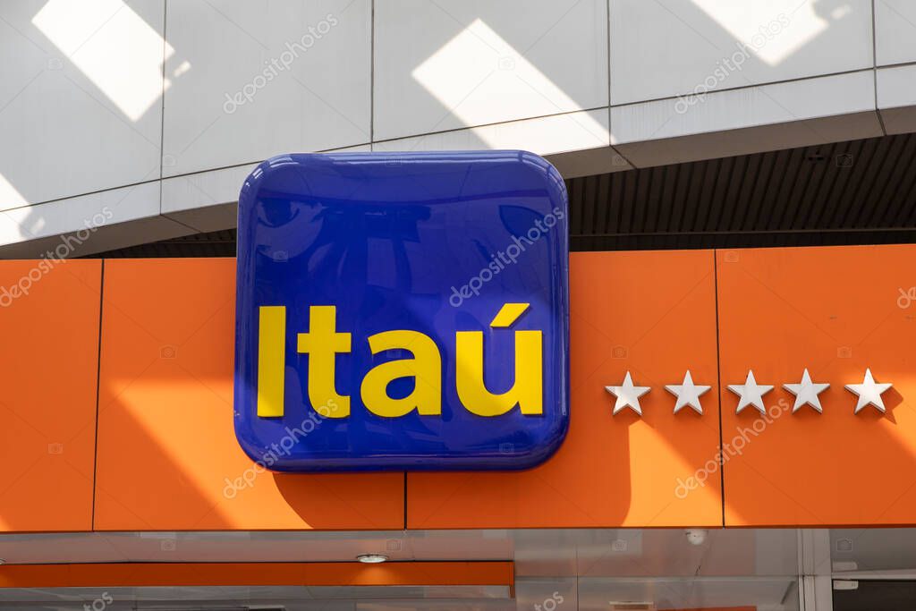 Sao Paulo, Brazil - september 19 2020 - Logo of Itau in facade of brazilian commercial bank and financial services compan