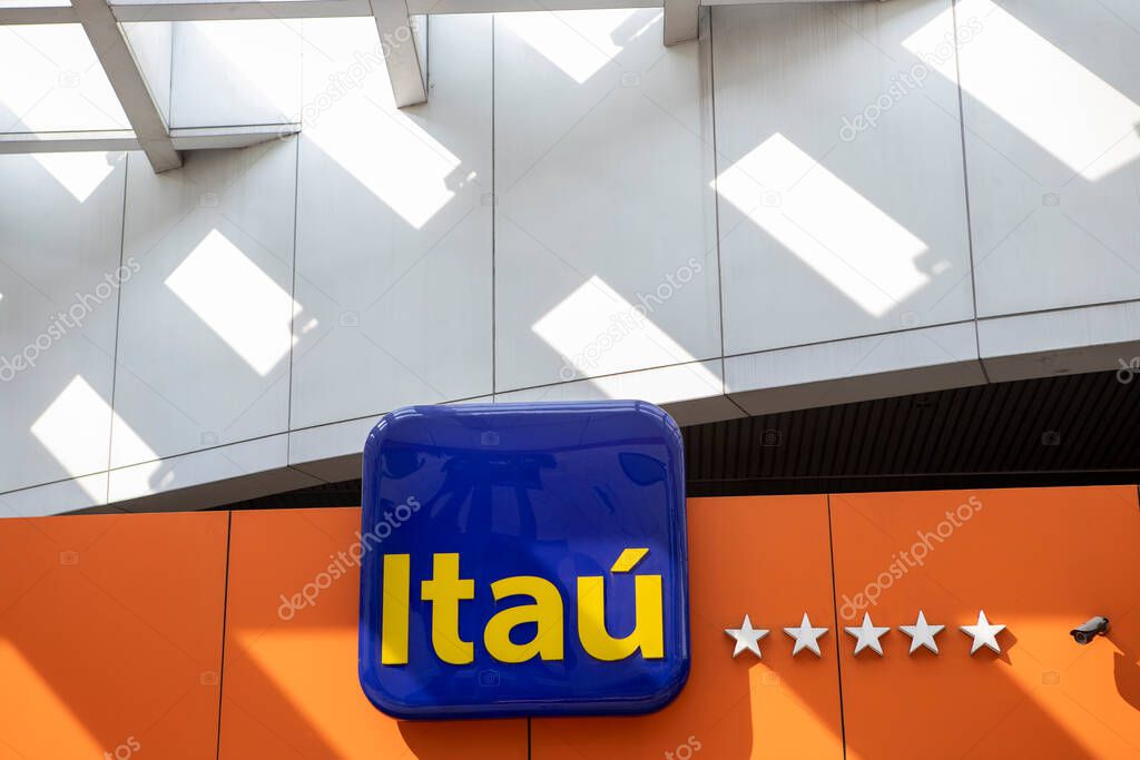 Sao Paulo, Brazil - september 19 2020 - Logo of Itau in facade of brazilian commercial bank and financial services compan