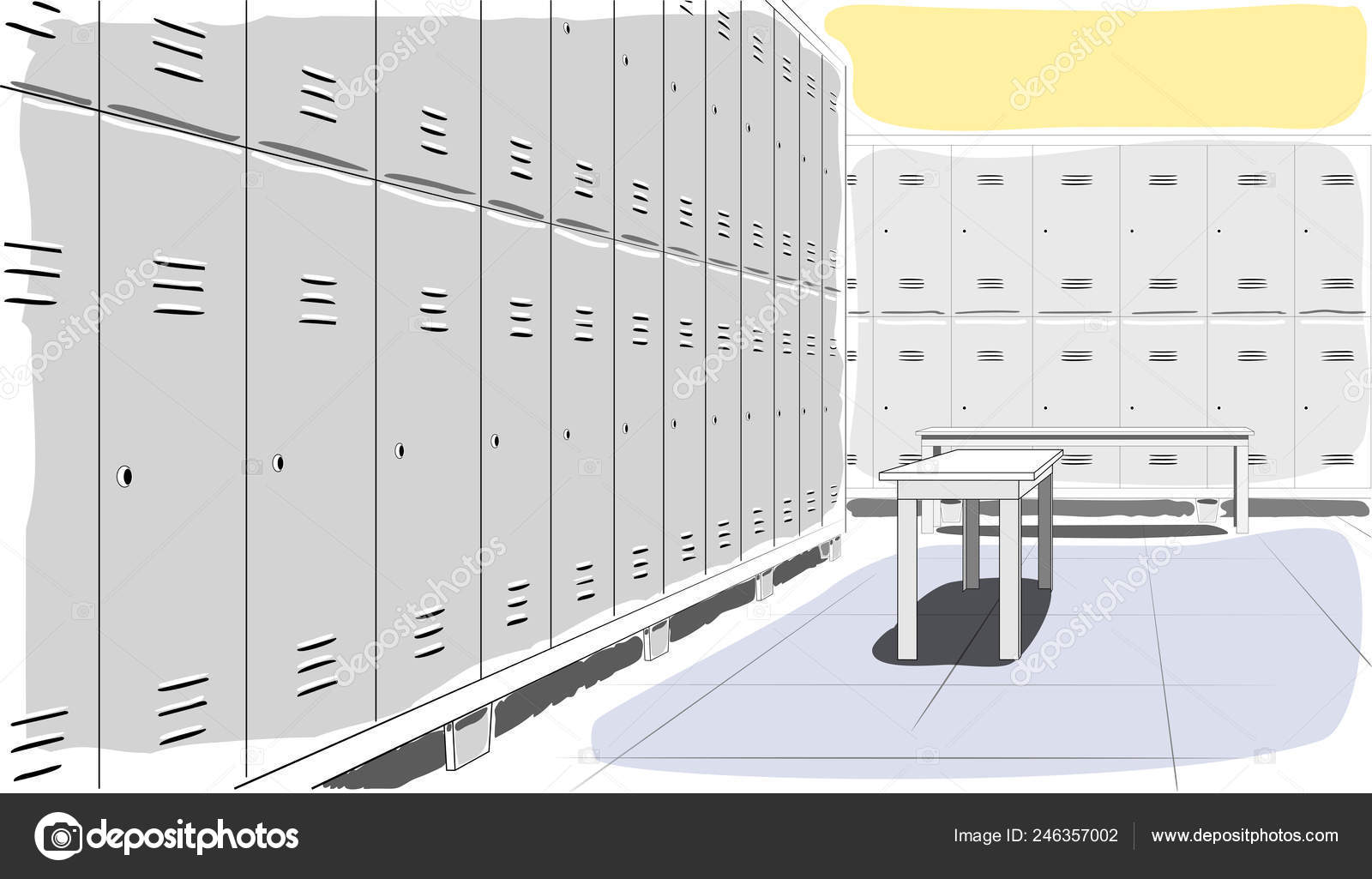 Row Steel Lockers Yellow Wall White Benches Stock Vector