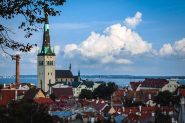 Scenic summer aerial panorama of the Old Town architecture in Tallinn, Estonia, Cloudy blue sky clipart