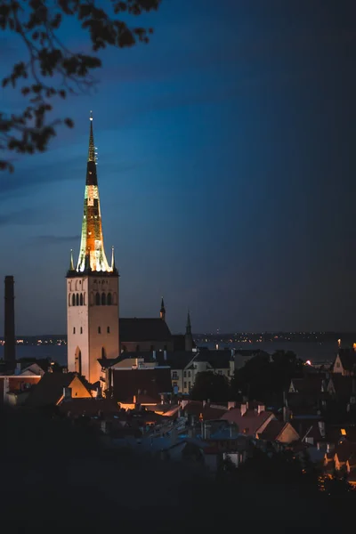 Panorama of the city of Tallinn, in the distance the spire Church of St. Olaf, a Baptist church in evening — Stock Photo, Image