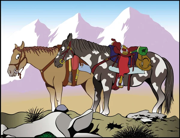 Cartoon Illustrationtwo Far West Paarden Kijken Naar Elkaar Glimlachend Bergen — Stockvector