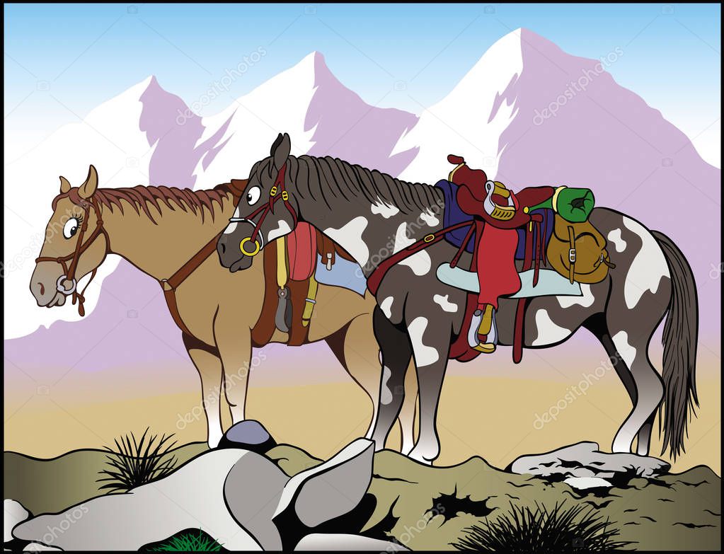 Cartoon illustrationTwo Far West horses looking at each other and smiling  Mountains on the background