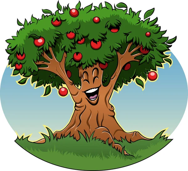 Cartoon illustration: Smiling apple tree spreading its branches