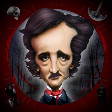 Edgar Allan Poe 'nun dijital karikatürü, Amerikalı yazar ve poe