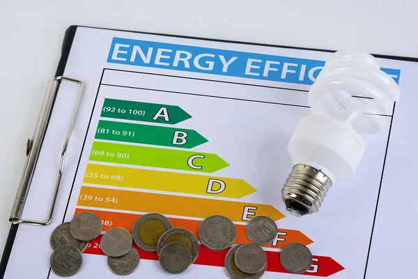 Energy efficiency concept with energy rating chart and Energy savings lamp, coin