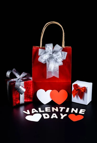 Heart shape, Gift box, bag and Wooden letters word \