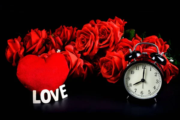 Alarm Clock Heart Shape Wooden Letters Word Love Red Rose — Stock Photo, Image