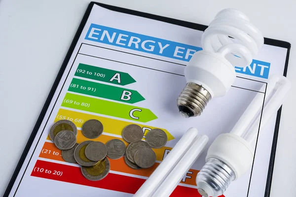 Koncepce Energetické Účinnosti Žebříčku Energie Energetických Úspor Lampu Mince — Stock fotografie