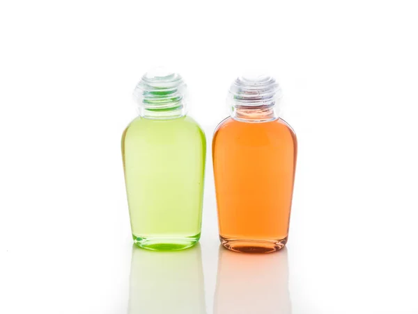 Oranje Groene Fles Shampoo Gel Zeep Een Witte Achtergrond Met — Stockfoto