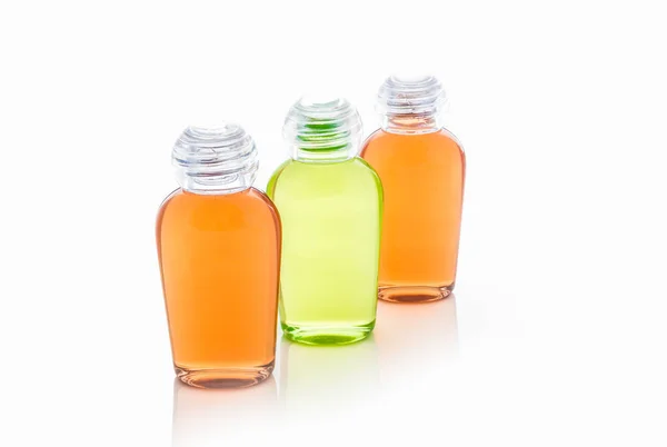 Oranje Groene Fles Shampoo Gel Zeep Een Witte Achtergrond Met — Stockfoto