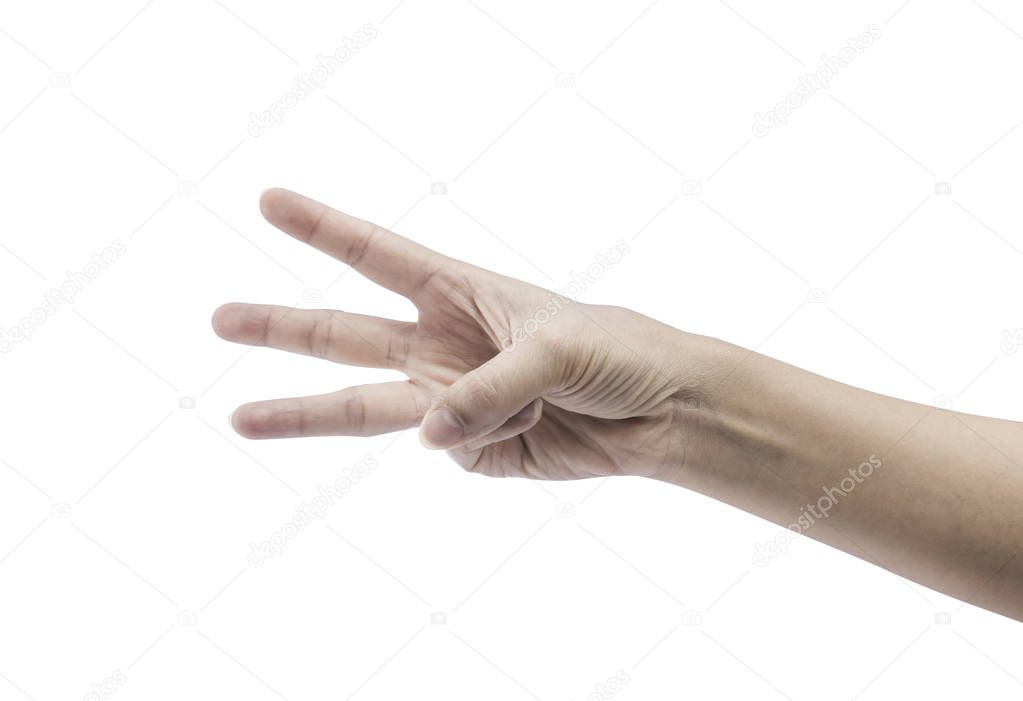 Female hand showing three fingers, Isolated on white background with clipping path