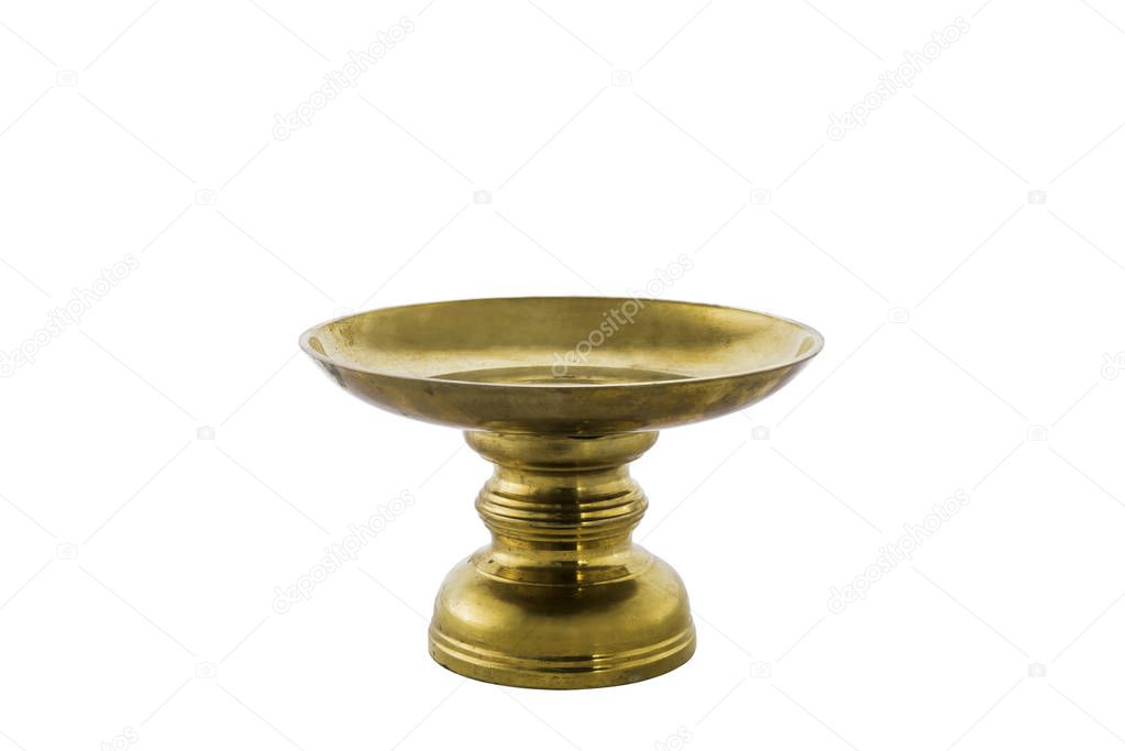 Old brass tray with pedestal isolated on white background  and clipping path