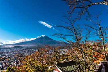 Şube ve Japonya'da kırmızı pagoda görünümünden Fuji Dağı