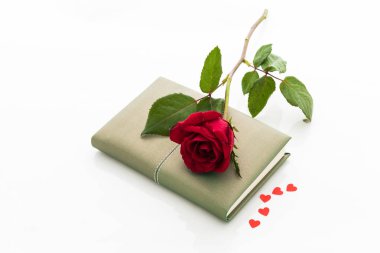 boş defter ile beyaz zemin üzerine kırmızı gül