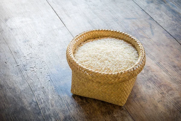 Basket Jasmine Rice Wooden Table — Stock Photo, Image