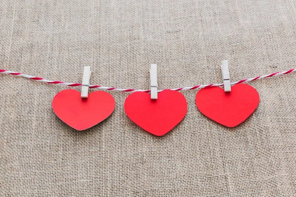 Love Valentine Hearts Card Cordon Naturel Clips Blancs Suspendus Sur — Photo