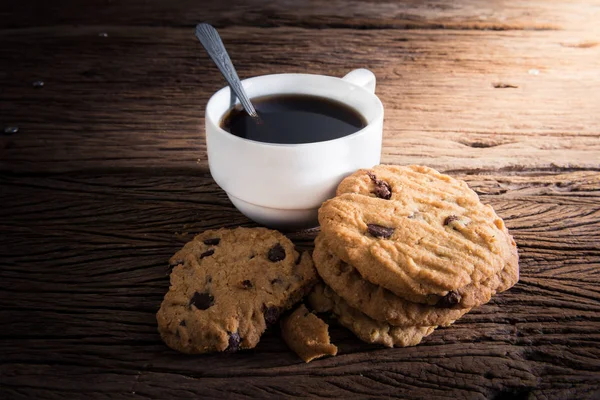 Coffee Cup Chocolate Cookie Dark Wooden Background — Stock Photo, Image