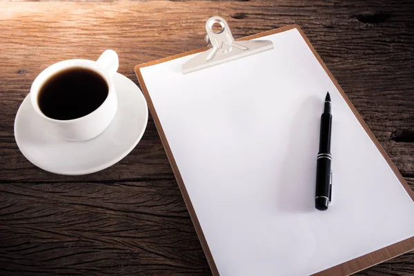 Cup Coffee Clipboard Blank Page Pen Wooden Table — Stock Photo, Image