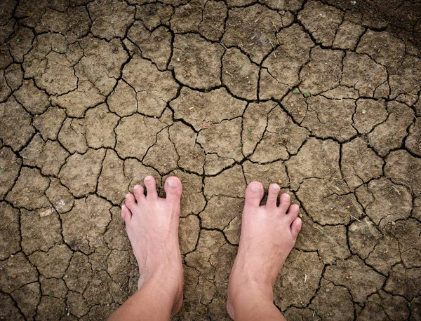 Barefoot Standing Dry Cracked Ground Background Texture — Stock Photo, Image