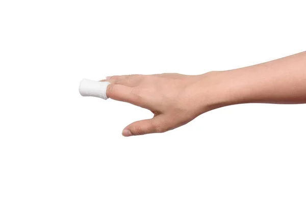 Injured Painful Finger White Gauze Bandage Isolated White Background Clipping — Stock Photo, Image