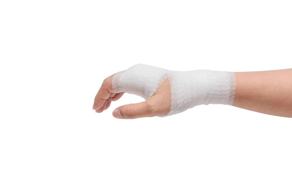 Zraněný Bolestivé Ruce Bílými Obvaz Izolované Bílém Pozadí Ořezovou Cestou — Stock fotografie