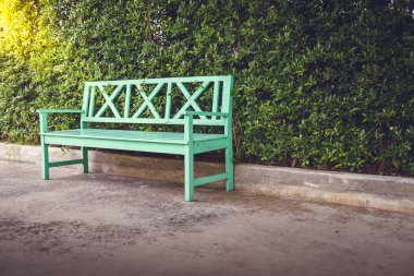 Yeşil Ahşap Bank ve yeşil yaprakları bahçede duvar