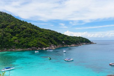 Yükseklik görünümü tropikal turkuaz lagün kumlu plaj ve tropikal orman, Similan Adası, Phuket, Tayland