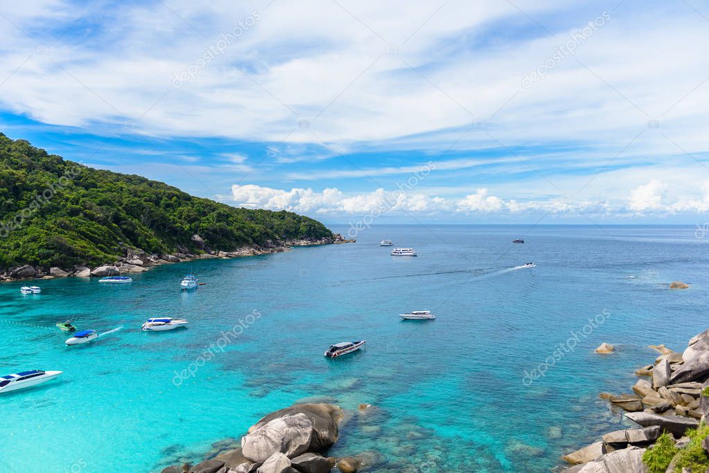 Hight view on tropical turquoise lagoon with sandy beach and tropical forest , Similan Island, Phuket, Thailand